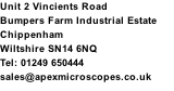 Unit 2 Vincients Road Bumpers Farm Industrial Estate Chippenham Wiltshire SN14 6NQ Tel: 01249 650444 sales@apexmicroscopes.co.uk
